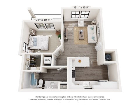 Floor plan for 1 bed, 1 bath, 667 sqft